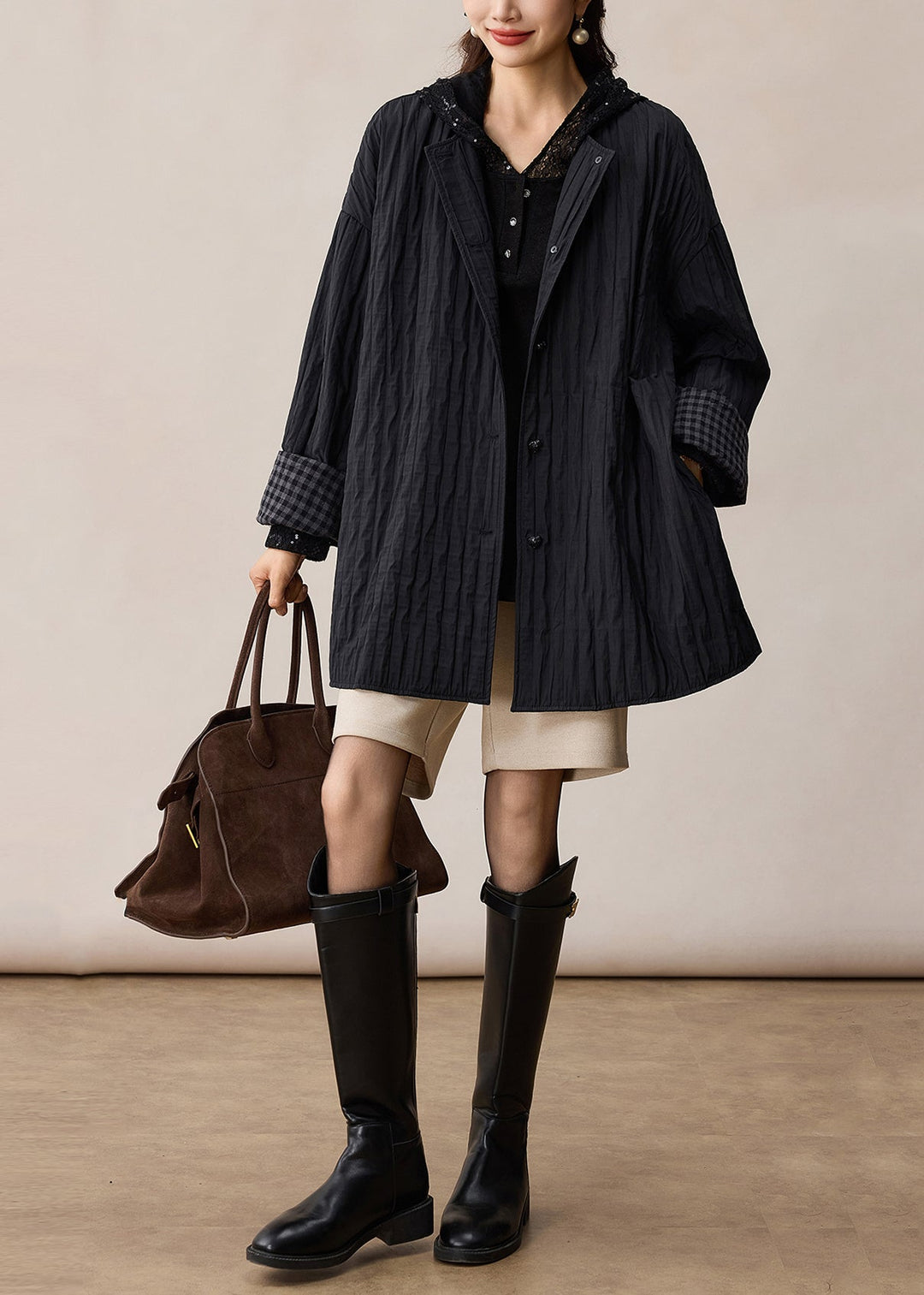 Bohemian Black Oversized Wrinkled Cotton Coat Spring