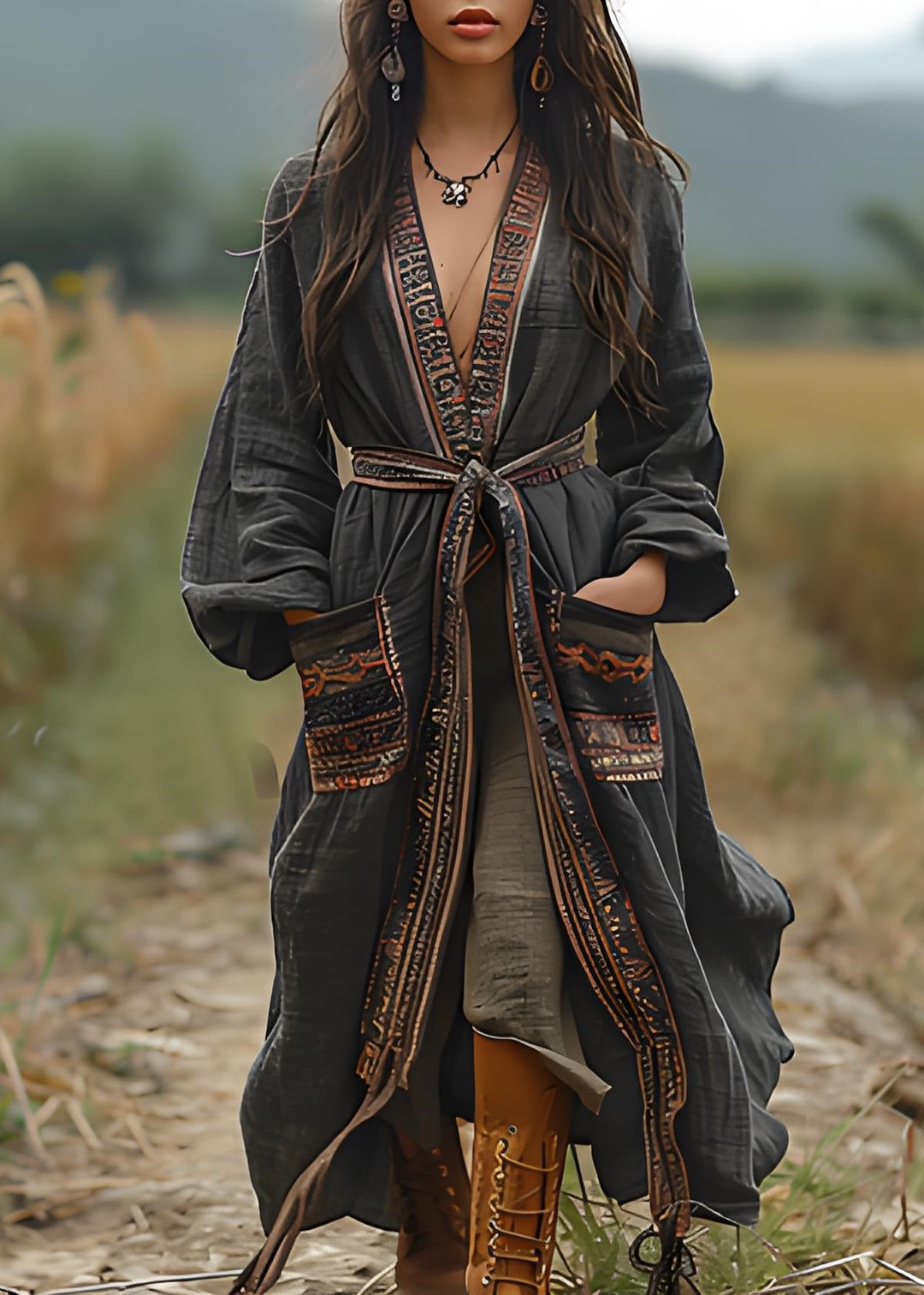 Bohemian Black Print Pockets Cotton Loose Cardigans Spring