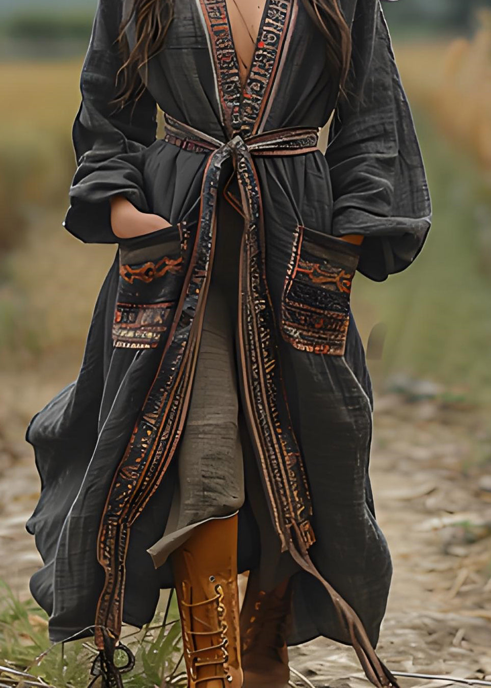 Bohemian Black Print Pockets Cotton Loose Cardigans Spring