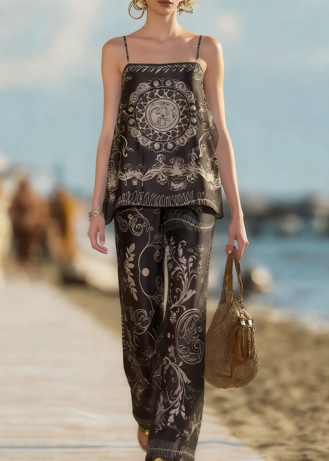 Bohemian Black Print Spaghetti Strap Tank And Pants Silk Cotton Two Piece Set Sleeveless - Omychic