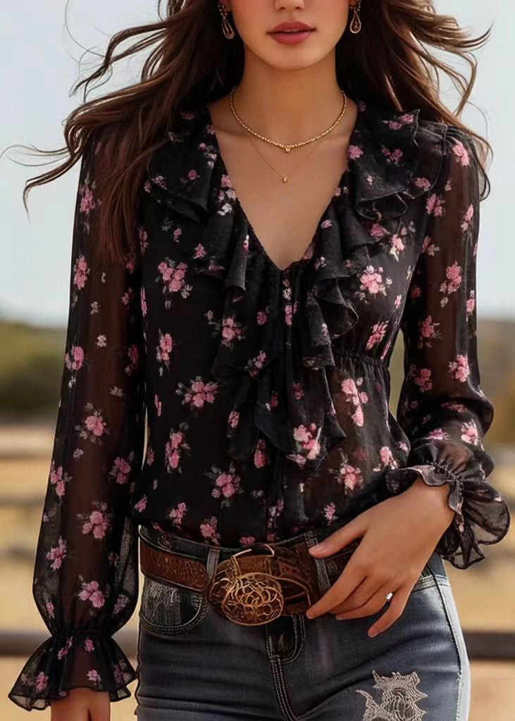 Bohemian Black Ruffled Print Chiffon Top Spring