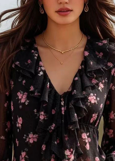 Bohemian Black Ruffled Print Chiffon Top Spring