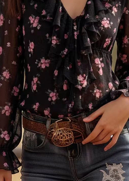 Bohemian Black Ruffled Print Chiffon Top Spring