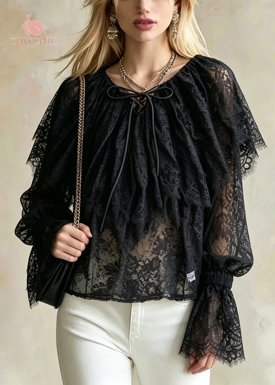 Bohemian Black Ruffles Hollow Out Lace Shirts Flare Sleeve