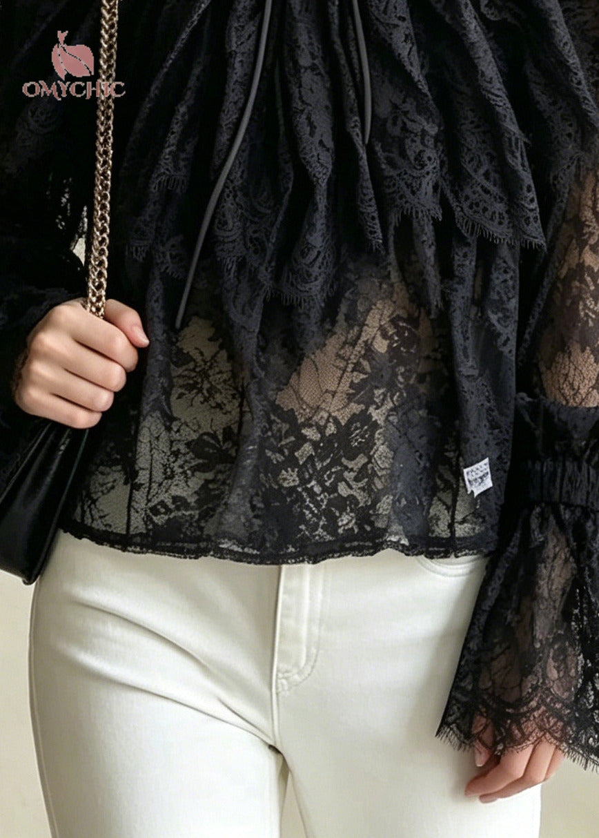 Bohemian Black Ruffles Hollow Out Lace Shirts Flare Sleeve