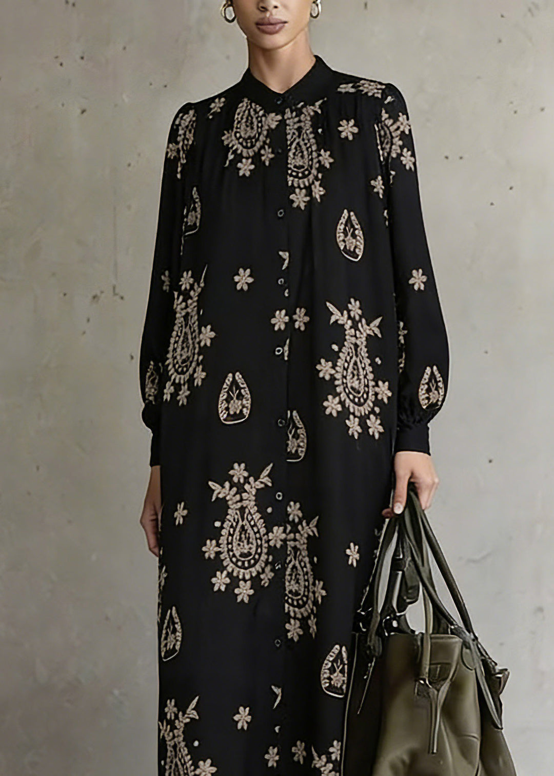 Bohemian Black Stand Collar Print Ankle Dress Lantern Sleeve