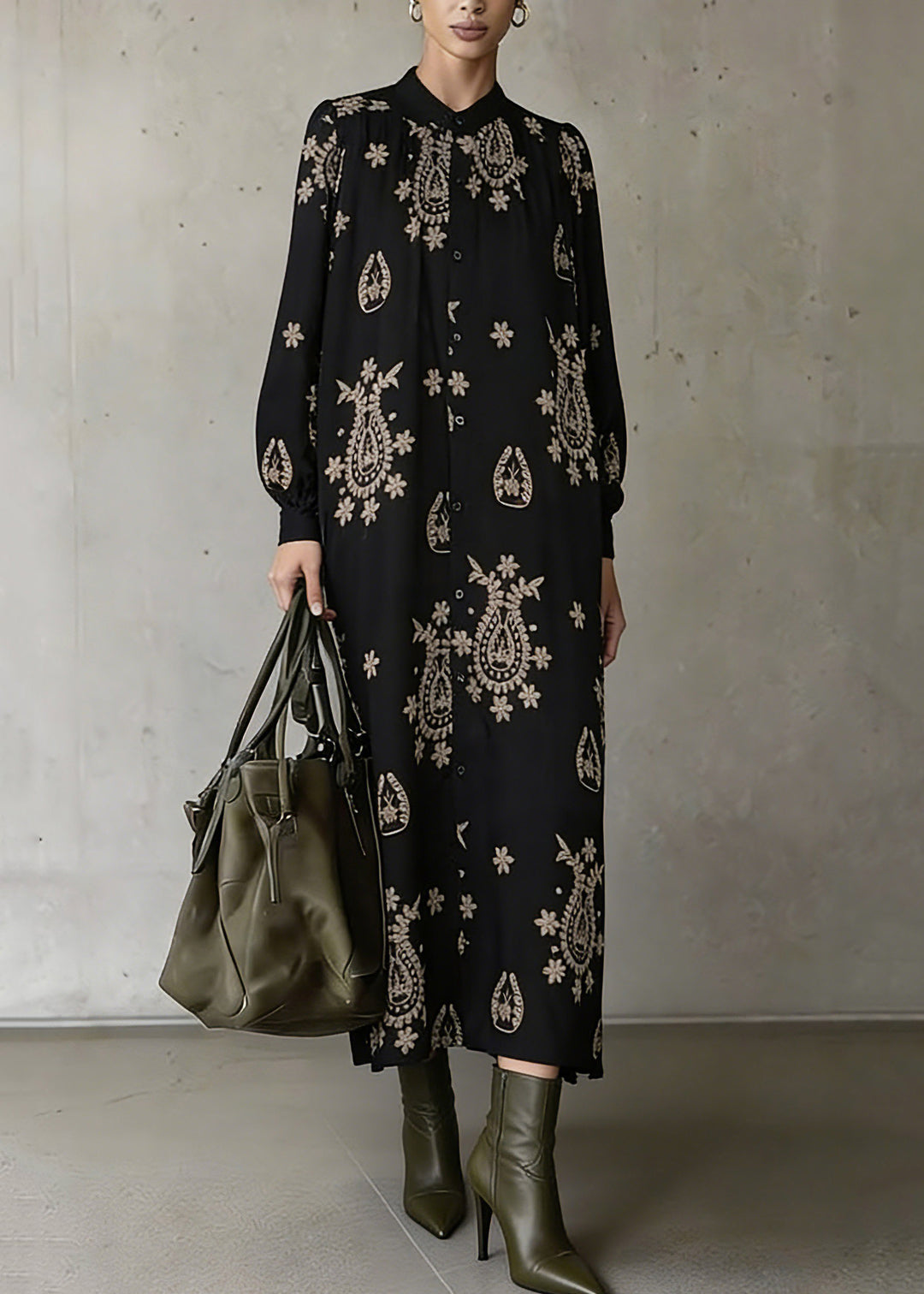 Bohemian Black Stand Collar Print Ankle Dress Lantern Sleeve