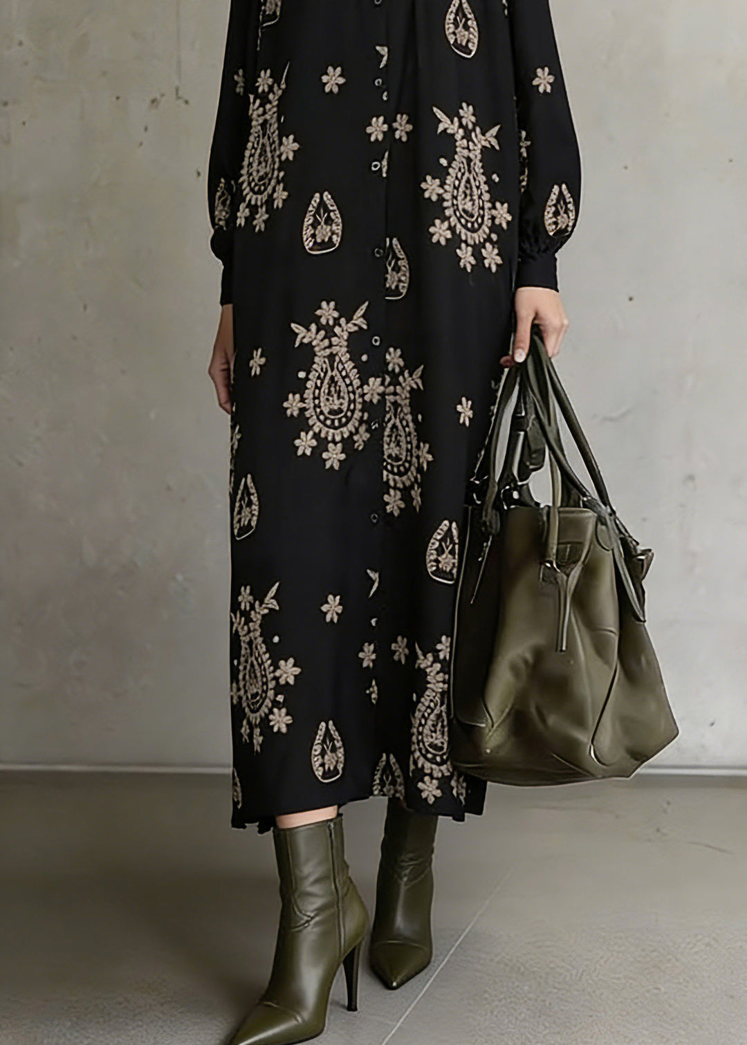 Bohemian Black Stand Collar Print Ankle Dress Lantern Sleeve