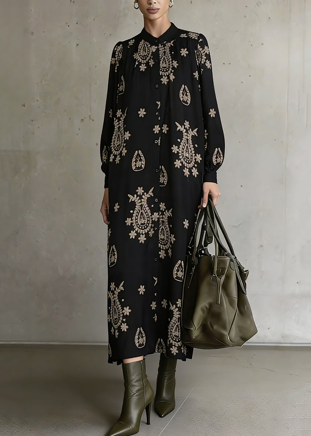 Bohemian Black Stand Collar Print Ankle Dress Lantern Sleeve