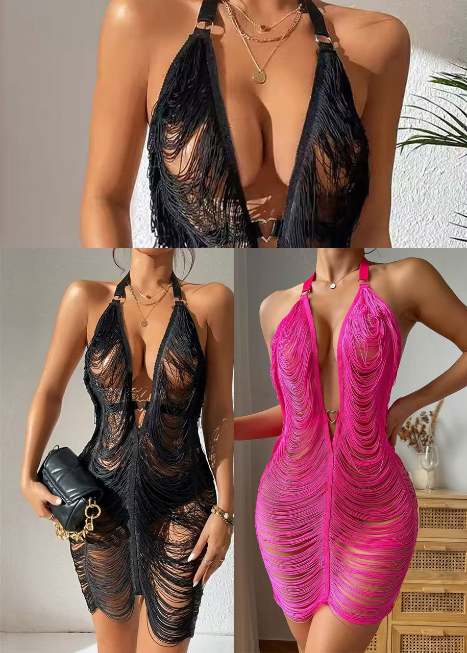 Bohemian Black V Neck Backless  Dress Summer