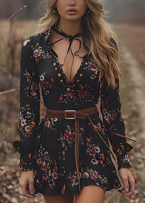 Bohemian Black V Neck Print Cotton Mid Dresses Spring