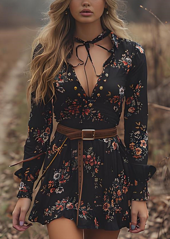Bohemian Black V Neck Print Cotton Mid Dresses Spring