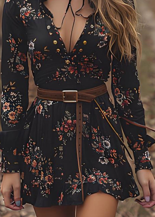 Bohemian Black V Neck Print Cotton Mid Dresses Spring