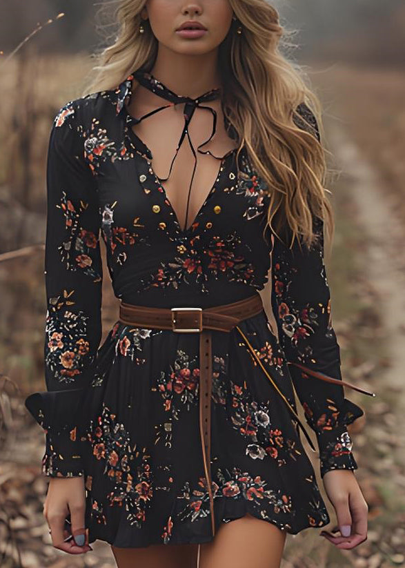 Bohemian Black V Neck Print Cotton Mid Dresses Spring
