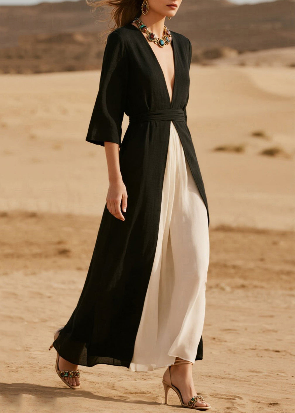 Bohemian Black V Neck Side Open Chiffon Vacation Dresses Half Sleeve