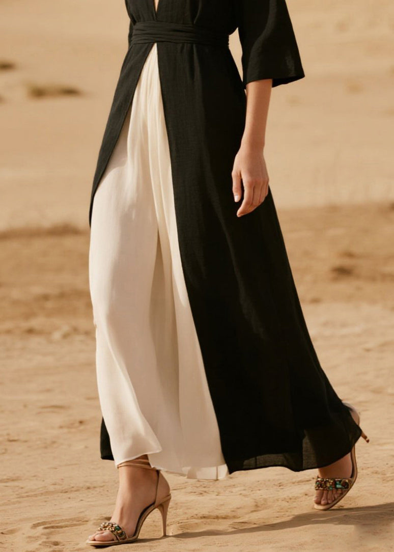 Bohemian Black V Neck Side Open Chiffon Vacation Dresses Half Sleeve