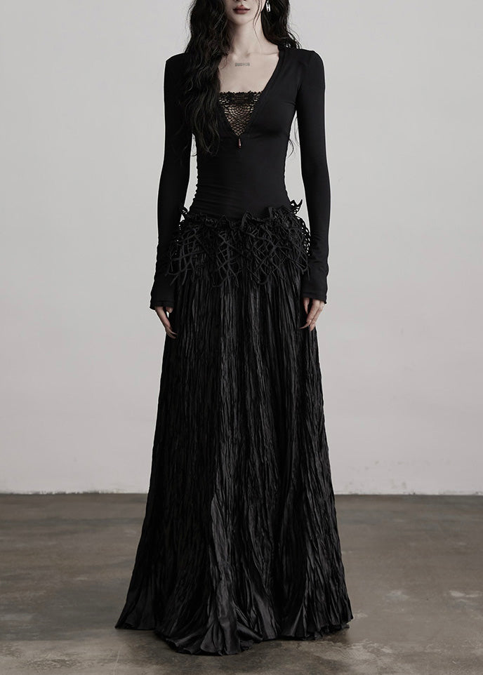 Bohemian Black Wrinkled Exra Large Hem Evening Skirt Spring