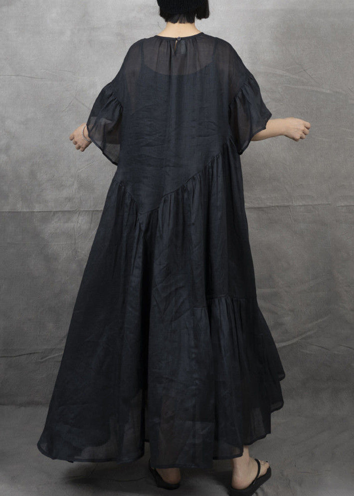 Bohemian Black Wrinkled Patchwork Maxi Dress Short Sleeve