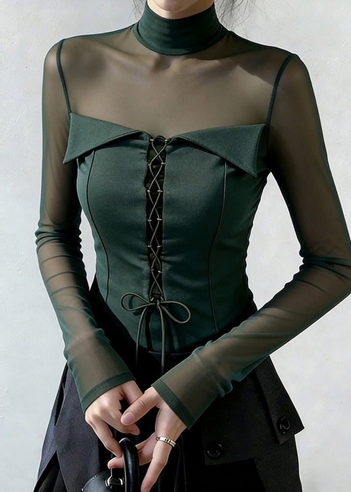 Bohemian Blackish Green Cross Strap Patchwork Tulle Blouse Tops Spring