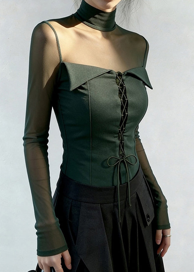 Bohemian Blackish Green Cross Strap Patchwork Tulle Blouse Tops Spring