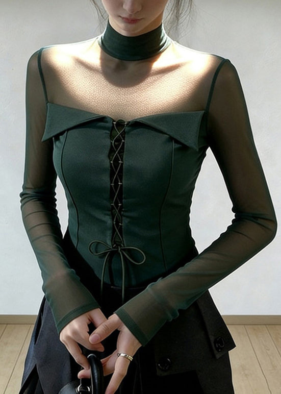 Bohemian Blackish Green Cross Strap Patchwork Tulle Blouse Tops Spring