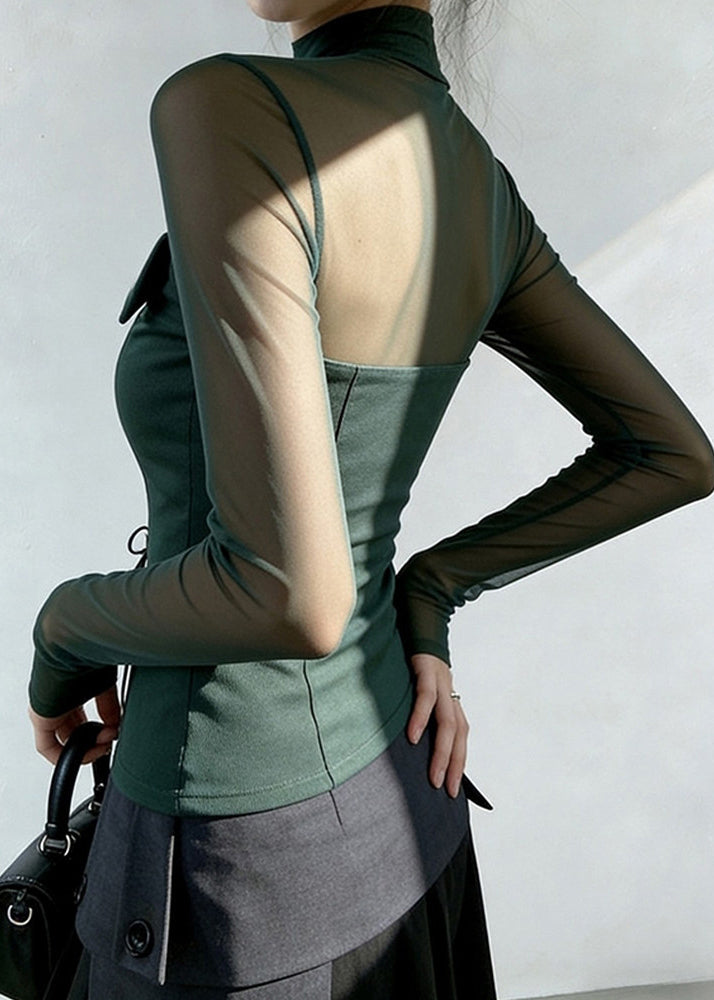 Bohemian Blackish Green Cross Strap Patchwork Tulle Blouse Tops Spring