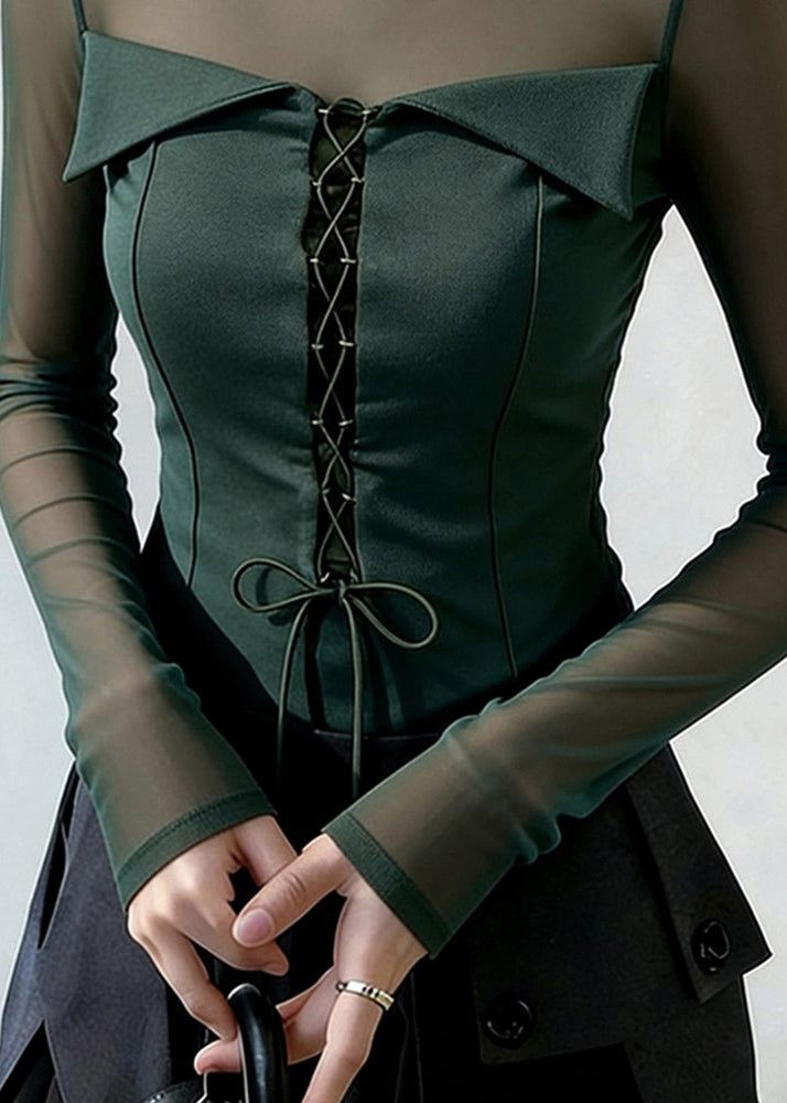 Bohemian Blackish Green Cross Strap Patchwork Tulle Blouse Tops Spring