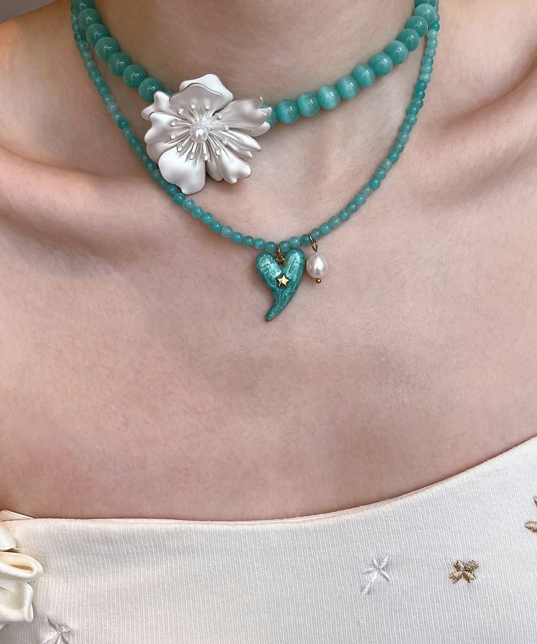 Bohemian Blue Alloy Floral Love Pearl Cat's Eye Stone Beading Pendant Necklace Two-piece set