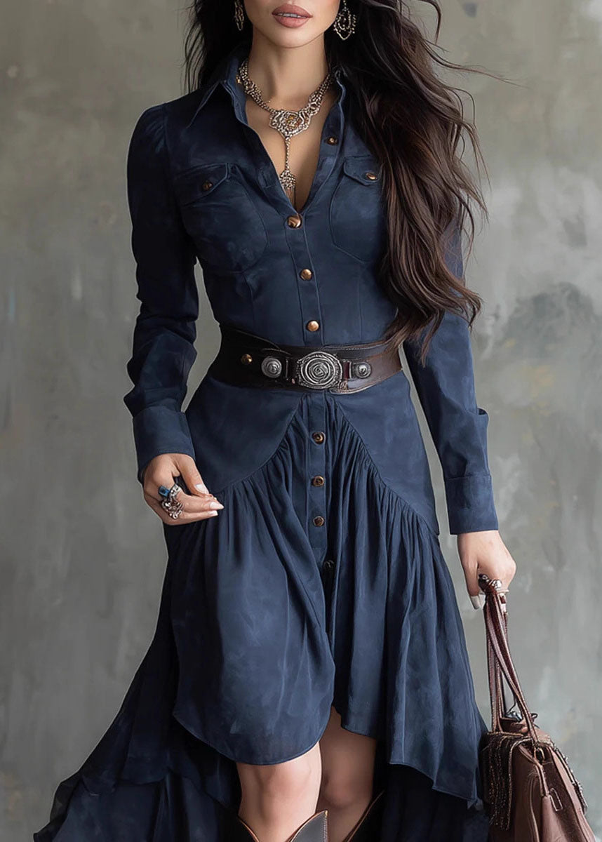 Bohemian Blue Asymmetrical Design Patchwork Faux Suede Dress Fall