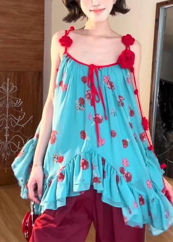 Bohemian Blue Asymmetrical Floral Spaghetti Strap Tops Summer