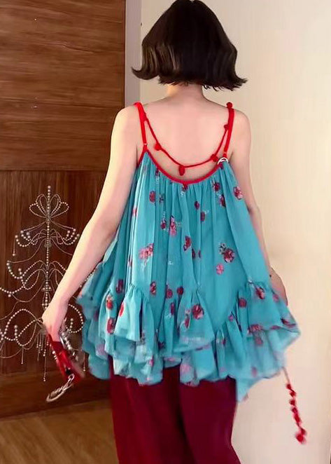 Bohemian Blue Asymmetrical Floral Spaghetti Strap Tops Summer