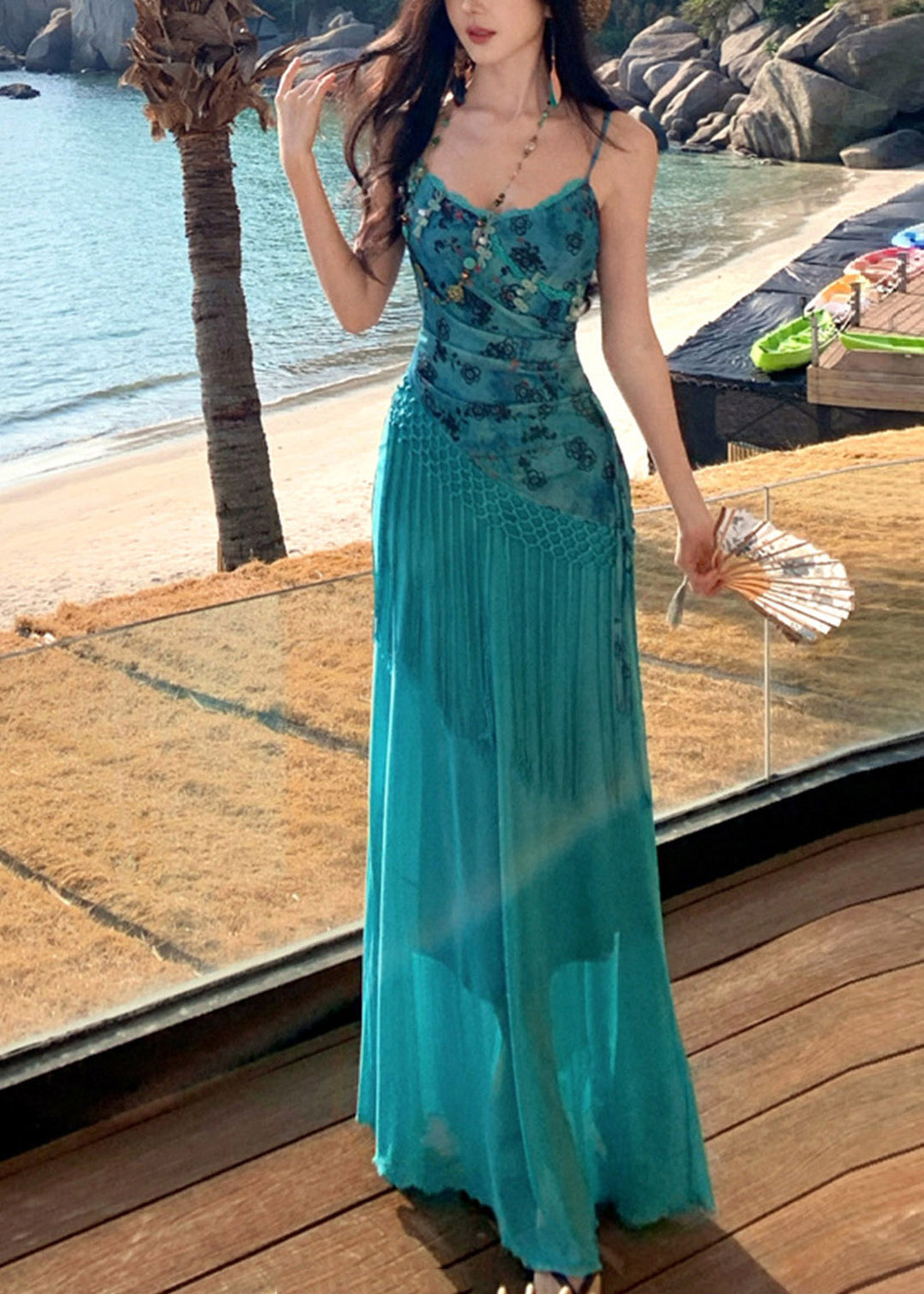 Bohemian Blue Asymmetrical Patchwork Tassel Maxi Spaghetti Strap Dress Sleeveless