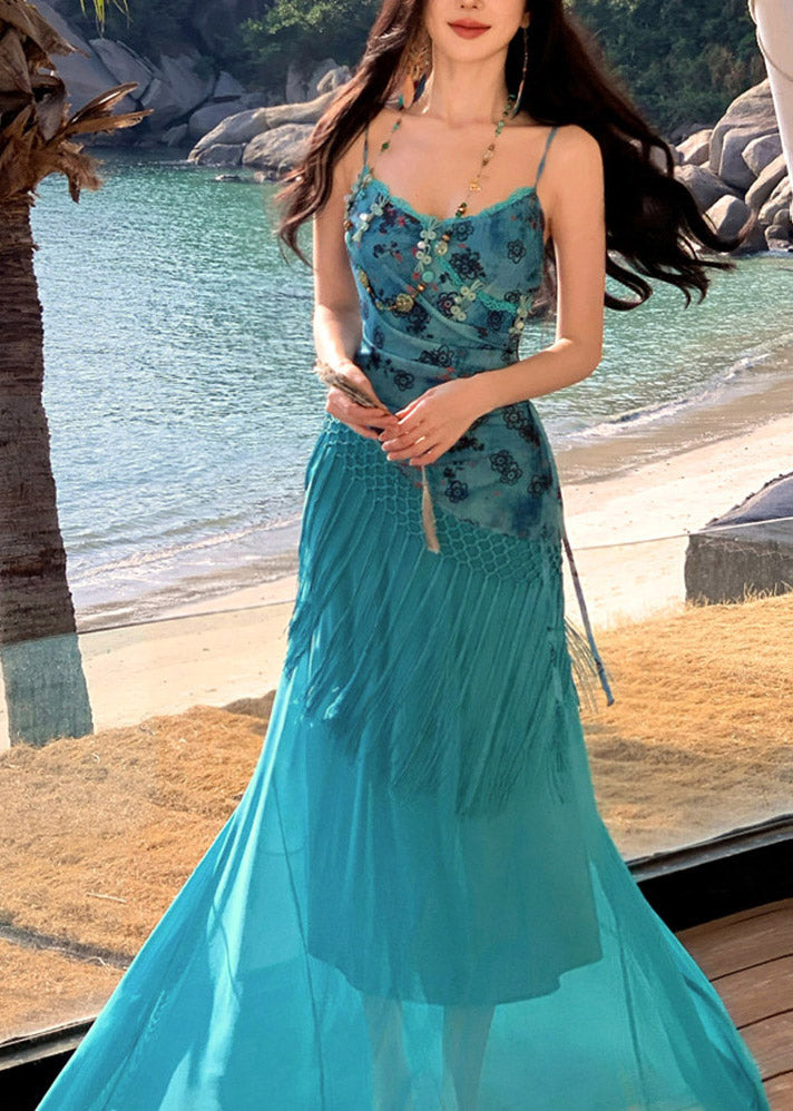 Bohemian Blue Asymmetrical Patchwork Tassel Maxi Spaghetti Strap Dress Sleeveless