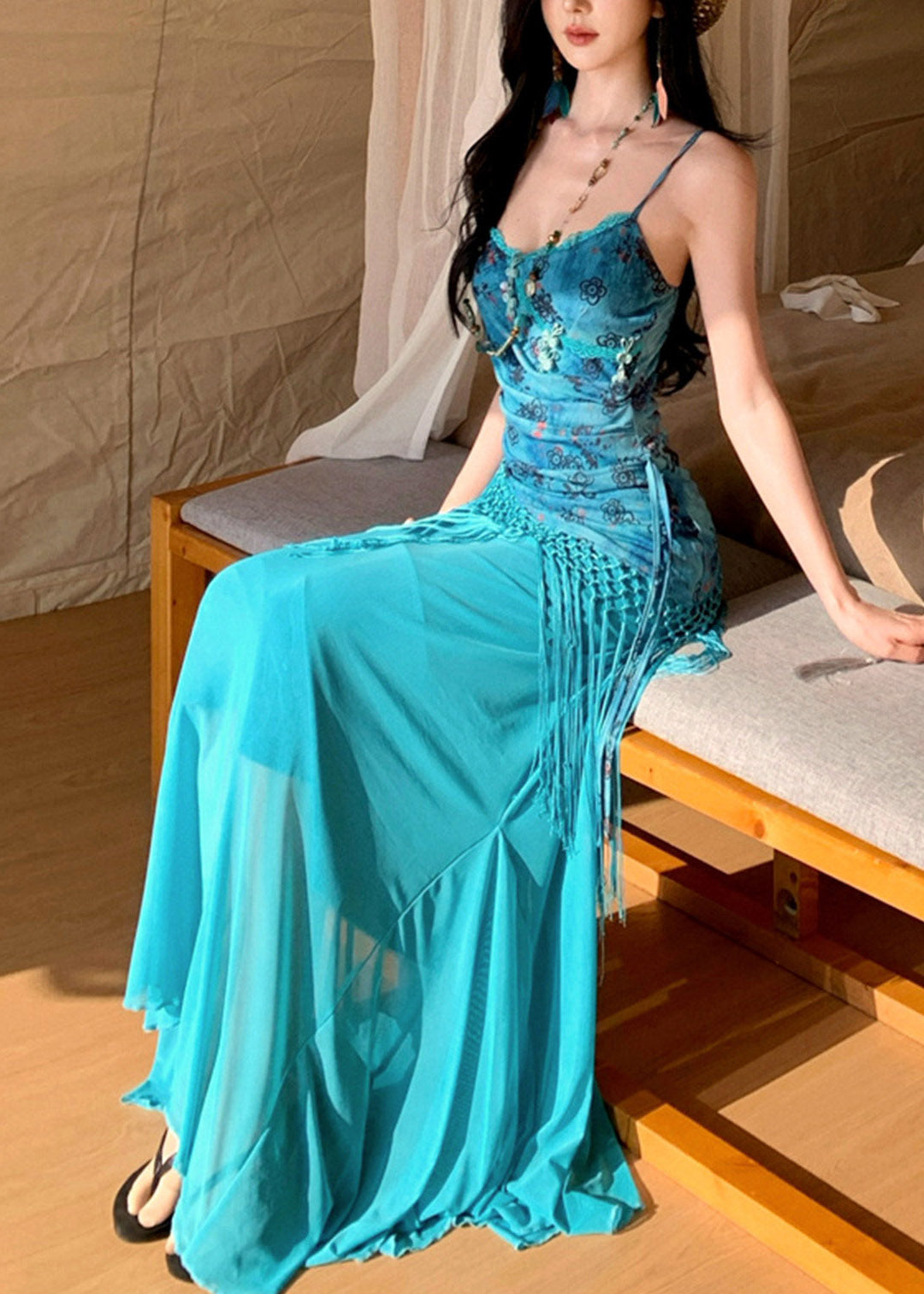 Bohemian Blue Asymmetrical Patchwork Tassel Maxi Spaghetti Strap Dress Sleeveless