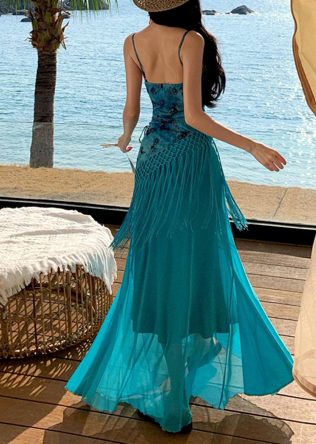 Bohemian Blue Asymmetrical Patchwork Tassel Maxi Spaghetti Strap Dress Sleeveless