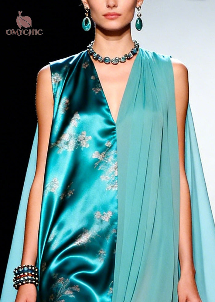 Bohemian Blue Asymmetrical Patchwork Tulle Maxi Dresses Sleeveless