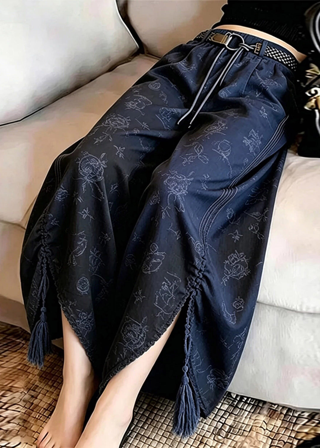 Bohemian Blue Asymmetrical Print Side Open Wide Leg Pants