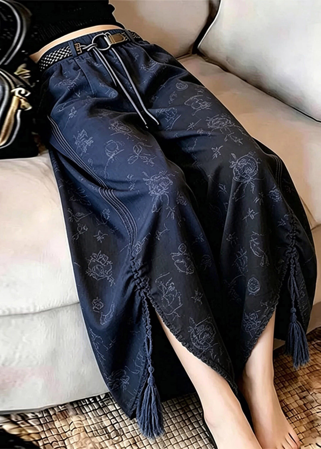 Bohemian Blue Asymmetrical Print Side Open Wide Leg Pants
