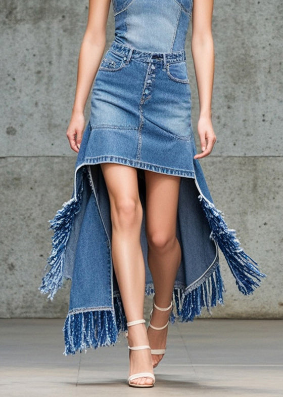 Bohemian Blue Asymmetrical Tasseled Denim Skirts Fall