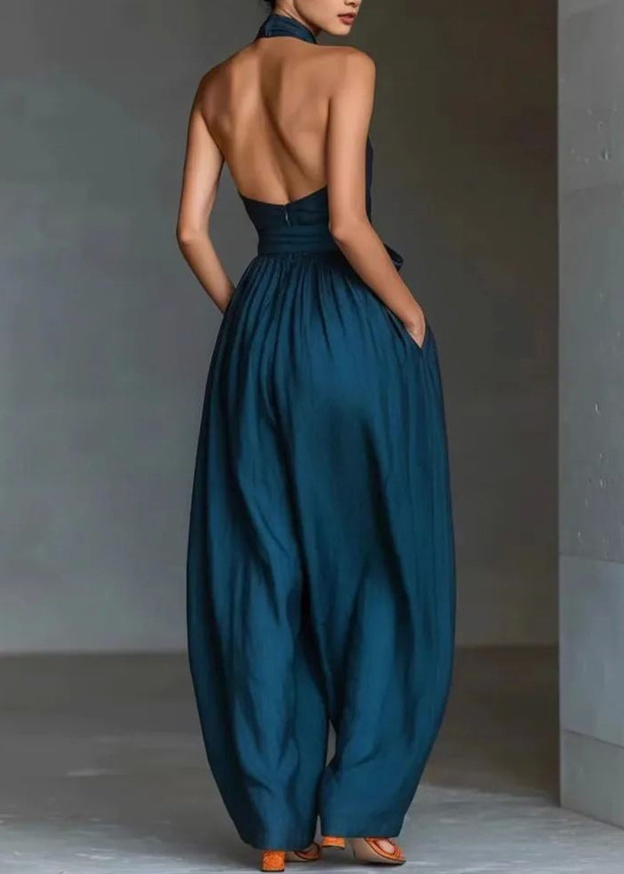 Bohemian Blue Cold Shoulder Tunic Solid Jumpsuit Sleeveless