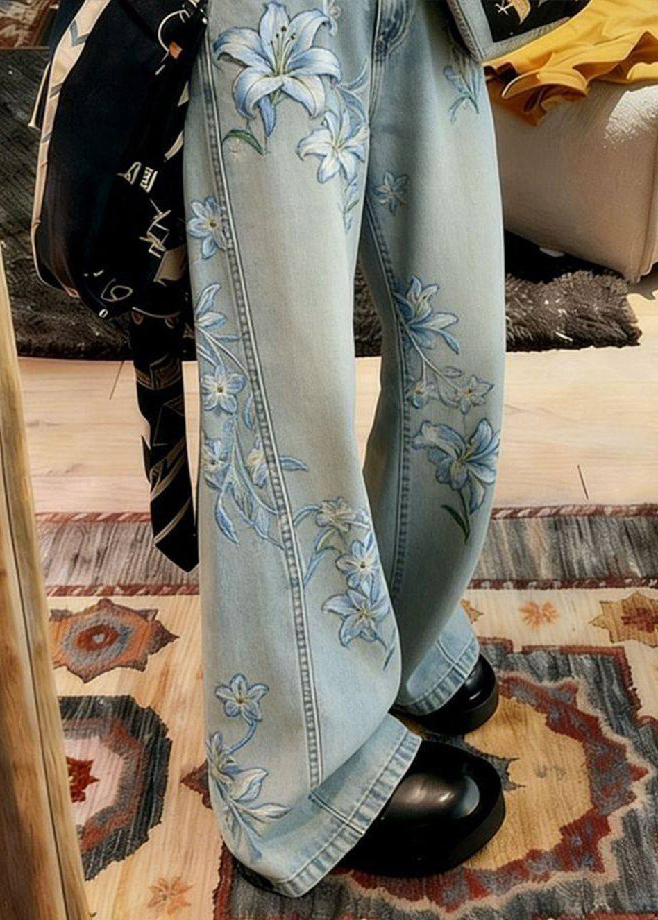 Bohemian Blue Embroidered Floral Denim Wide Leg Pants Spring