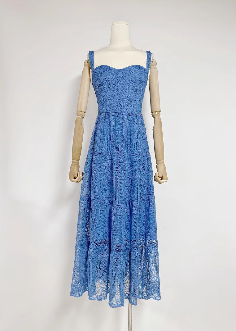 Bohemian Blue Hollow Out Patchwork Lace Maxi Dresses Summer