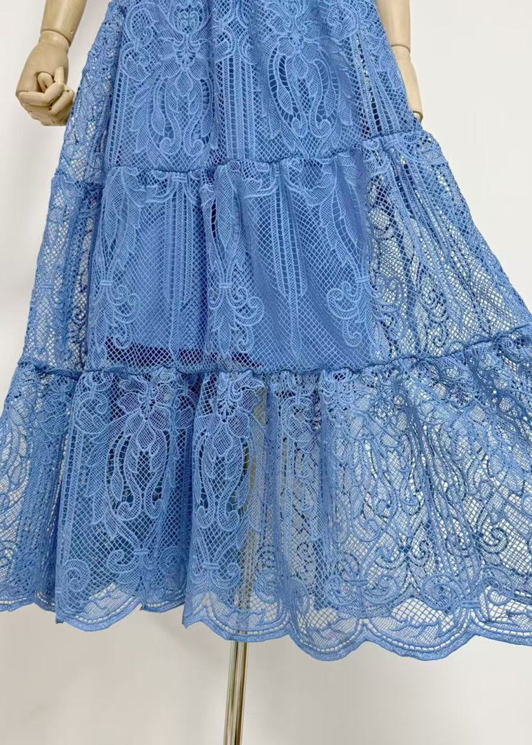 Bohemian Blue Hollow Out Patchwork Lace Maxi Dresses Summer