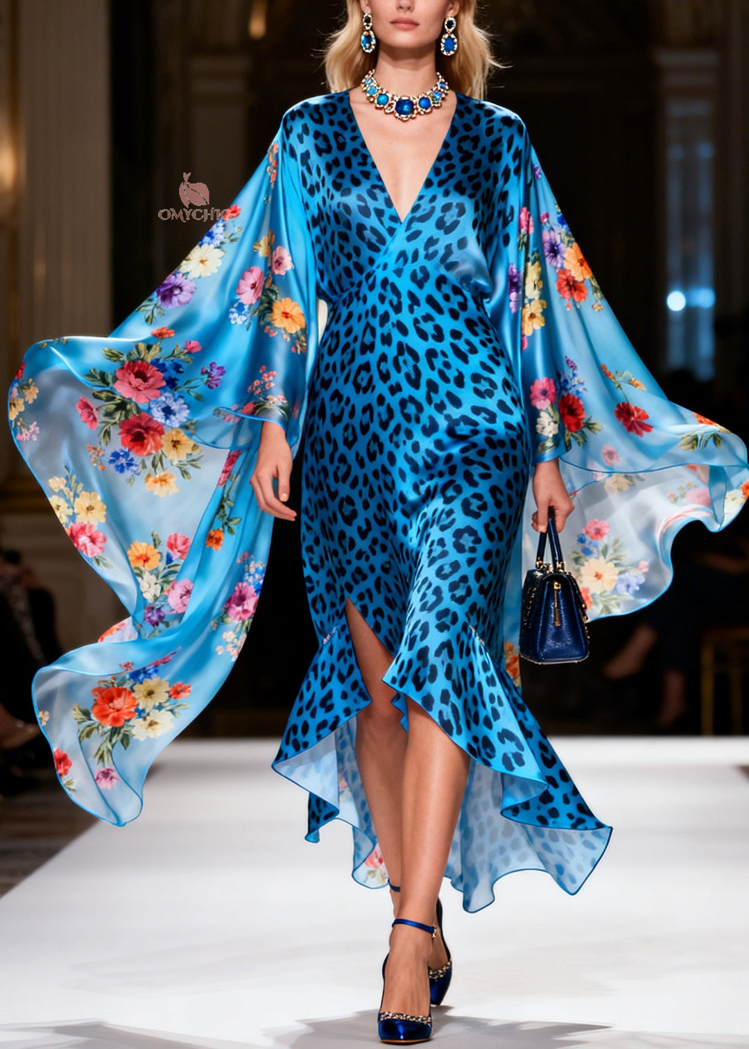 Bohemian Blue Leopard Asymmetrical Floral Silk Robe Dresses Summer