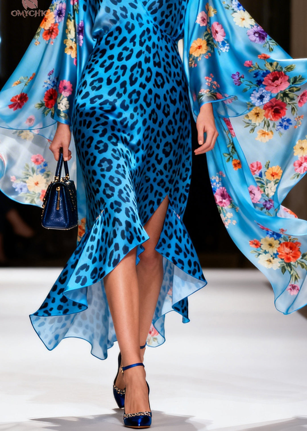 Bohemian Blue Leopard Asymmetrical Floral Silk Robe Dresses Summer