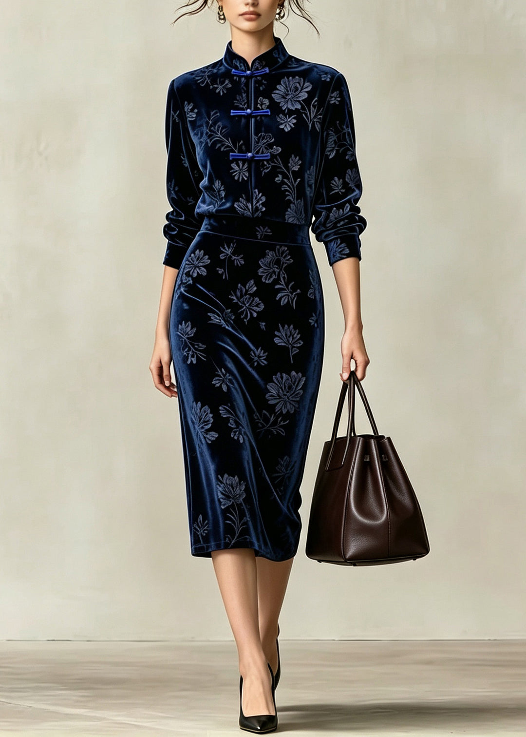 Bohemian Blue Mandarin Collar Two Pieces Set Long Sleeve