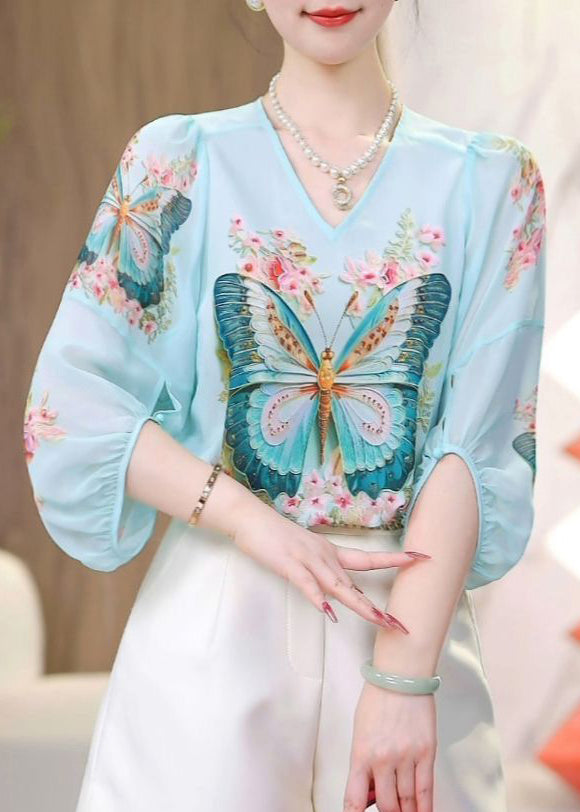 Bohemian Blue O-Neck Butterfly Print Chiffon Shirts Fall