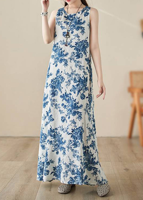 Bohemian Blue O-Neck Print Long Dress Summer