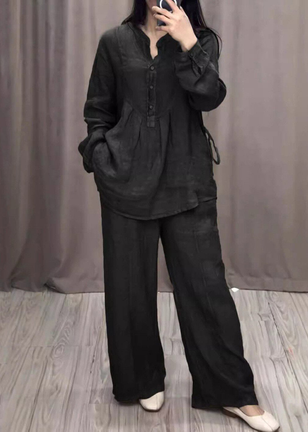 Bohemian Blue O-Neck Shirts And Wide Leg Pants Two Pieces Set Spring