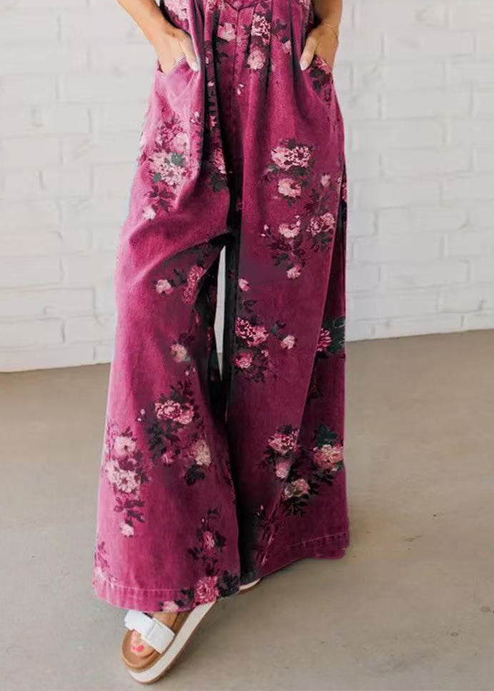 Bohemian Blue Oversized Print Denim Jumpsuits Spring